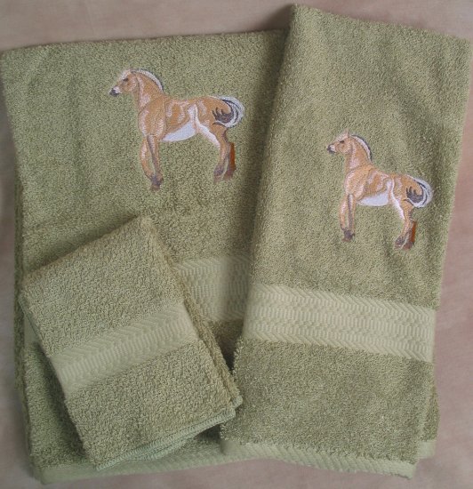 Embroidered Fjord Horse Sage Wash Hand Bath Towels Set
