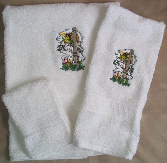 Embroidered Mailbox with Easter Eggs on White Wash Hand Bath Towels Set