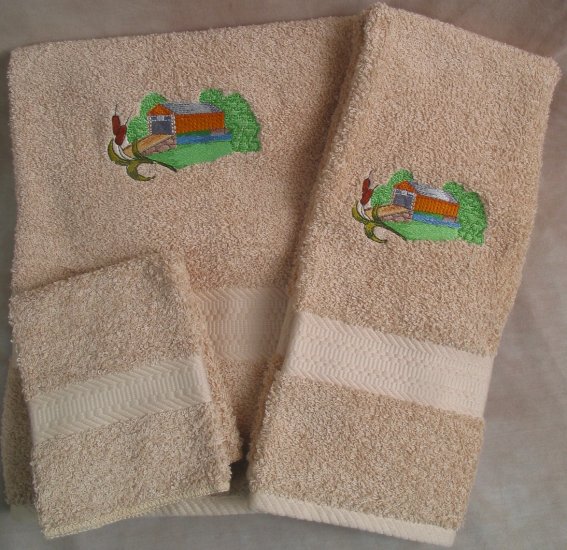 Embroidered Covered Bridge with Cat Tails Beige Wash Hand Bath Towel Set