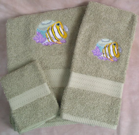 Embroidered Butterfly Fish on Sage Green Wash Hand Bath Towels Set