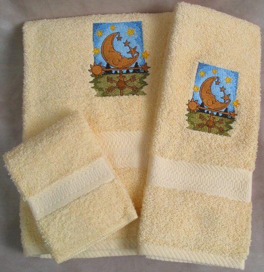 Embroidered Moon Weather Vane on Yellow Wash Hand Bath Towels Set