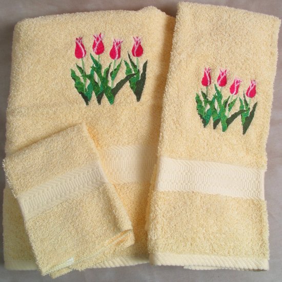 Embroidered Four Tulips on Yellow Wash Hand Bath Towel Set