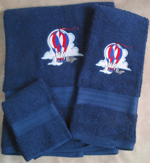 Embroidered Hot Air Balloon Dark Blue Wash Hand Bath Towel Set
