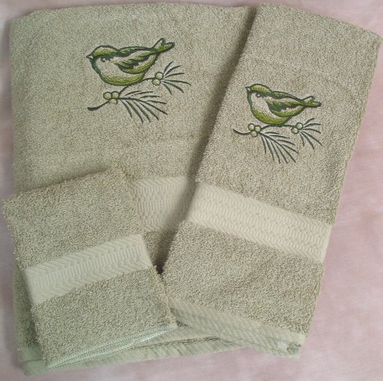 Embroidered Chickadee on Branch Sage Green Wash Hand Bath Towel Set