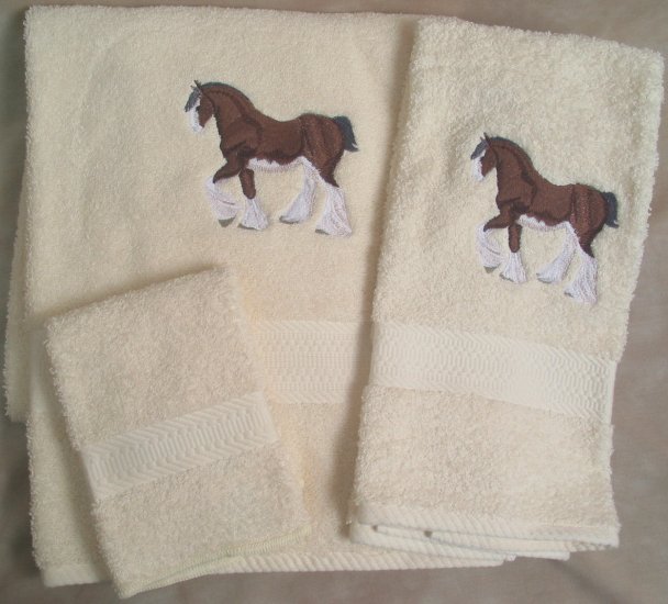 Embroidered Clydesdale Draft Horses Cream Wash Hand Bath Towel Set