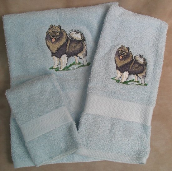 Embroidered Keeshond Dog Blue Wash Hand Bath Towel Set
