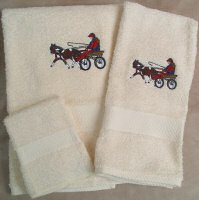 Embroidered Mini Horse and Roadster Cart on Cream Wash Hand Bath Towels Set