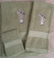 Embroidered Donkey Head on Sage Green Wash Hand Bath Towel Set