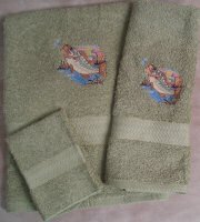 Embroidered Large Mouth Bass Fish on Sage Green Wash Hand Bath Towel Set