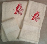 Embroidered Cardinal on a Branch on Cream Wash Hand Bath Towels Set