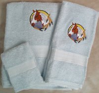 Embroidered Indian Paint Horse Head on Light Blue Wash Hand Bath Towel Set
