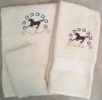 Embroidered Galloping Horse and Horse Shoes on Cream Wash Hand Bath Towel Set