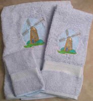 Embroidered Gray Dutch Wooden Windmill on Light Blue Wash Hand Bath Towel Set