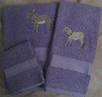 Embroidered Gray Donkey with Flowers on Laavendar Wash Hand Bath Towel Set