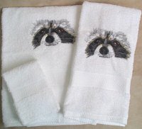 Embroidered Raccon Face on White Wash Hand Bath Towel Set