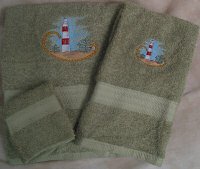 Embroidered Red and White Lighthouse on Sage Green Wash Hand Bath Towels Set
