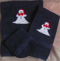 Embroidered Melting Snowman on Navy Blue Wash, Hand, Bath Towel Set