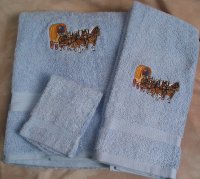 Embroidered Four Horse Hitch and Covered Wagon on Light Blue Wash Hand Bath Towel Set