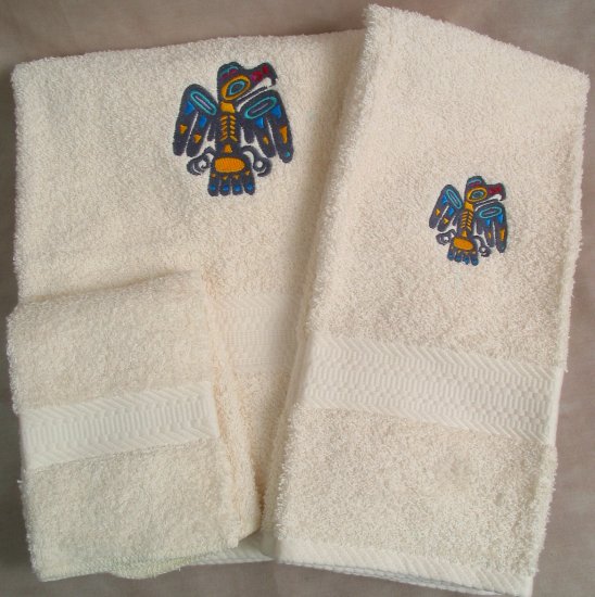 Embroidered Southwest Hawk on Cream Wash Hand Bath Towels Set
