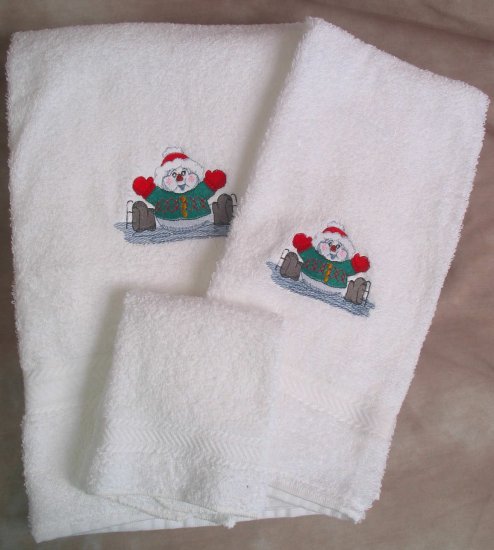 Embroidered Ice Skating Snowman on White Wash, Hand, Bath Towel Set