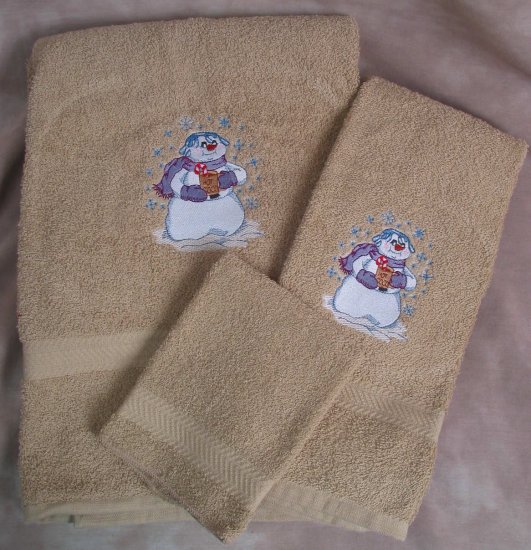 Embroidered Snowman with Hot Chocolate on Beige Wash, Hand, Bath Towel Set