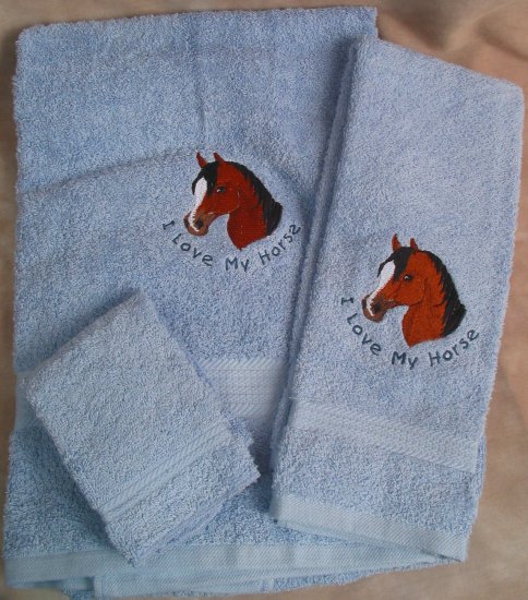 Embroidered I Love My Horse on Blue Wash, Hand, Bath Towel Set