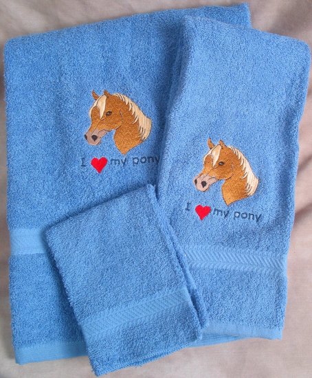 Embroidered I Love My Pony Blue Wash Hand Bath Towel Set