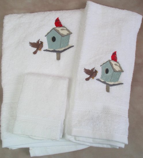 Embroidered Cardinals and Birdhouse on White Wash Hand Bath Towel Set