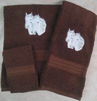 Embroidered White Connemara Horses on Dark Brown Wash Hand Bath Towel Set