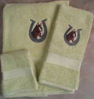 Embroidered Horse and Horse Shoe on Light Green Wash Hand Bath Towels Set