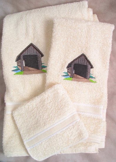 Embroidered Covered Bridge Front on Cream Wash Hand Bath Towel Set