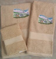 Embroidered Haying with Horses on Beige Wash Hand Bath Towels Set