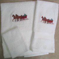 Embroidered Team of Horses Sleighing on White Wash Hand Bath Towels Set