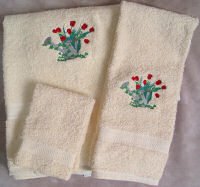 Embroidered Tulips in a Watering Can on a Cream Wash Hand Bath Towel Set