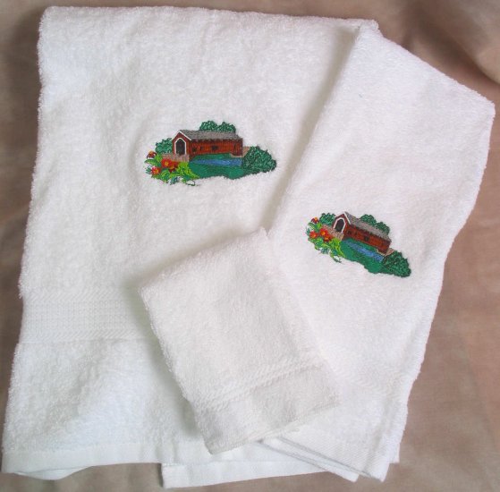 Embroidered Covered Bridge with Flowers on White Wash Hand Bath Towel Set