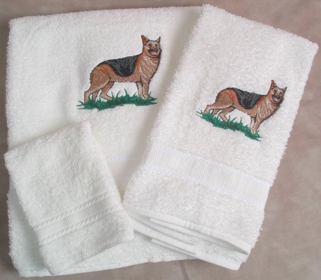 Embroidered German Shepherd Dog on a White Wash Hand Bath Towel Set