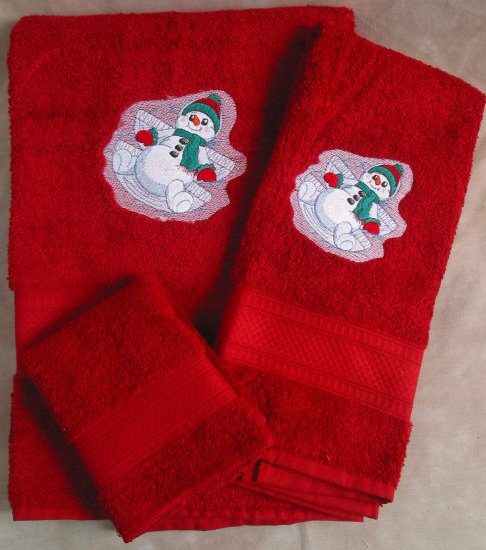 Embroidered Snowman Making a Snow Angel on Red Wash, Hand, Bath Towel Set