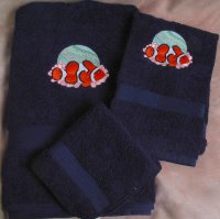 Embroidered Clown Fish on Dark Blue Wash, Hand, Bath Towel Set