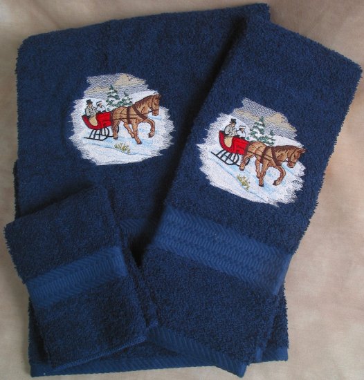 Embroidered Horse & Sleigh on a Navy Blue Wash Hand Bath Towel Set