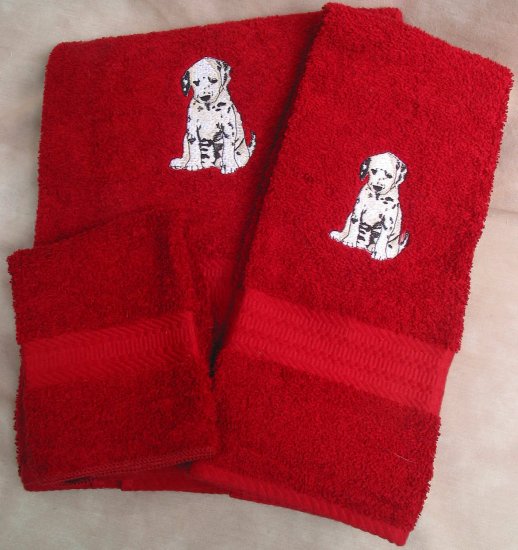 Embroidered Dalmation Puppy on a Dark Red Wash Hand Bath Towel Set