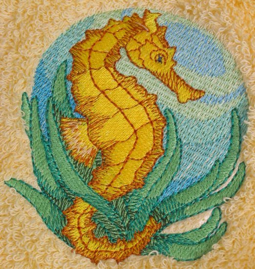 Embroidered Seahorse on a Cream Wash Hand Bath Towel Set