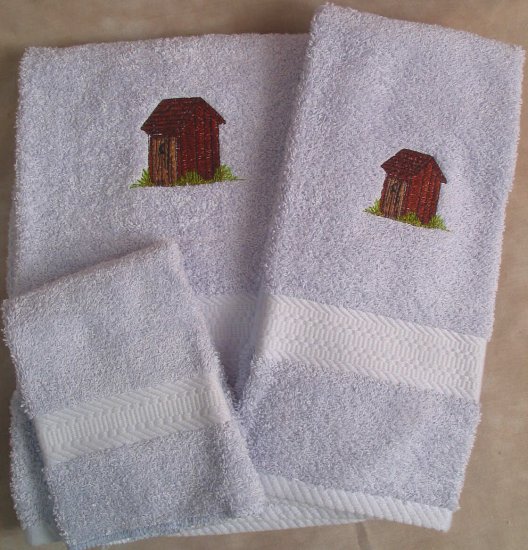 Embroidered Outhouse on a Light Blue Wash Hand Bath Towel Set