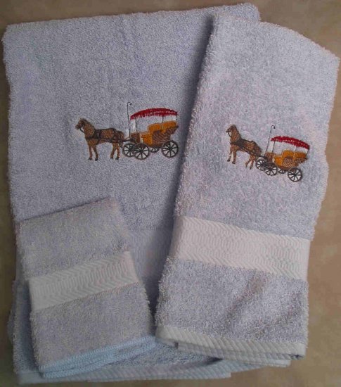 Embroidered Horse and Surrey on a Light Blue Wash Hand Bath Towel Set