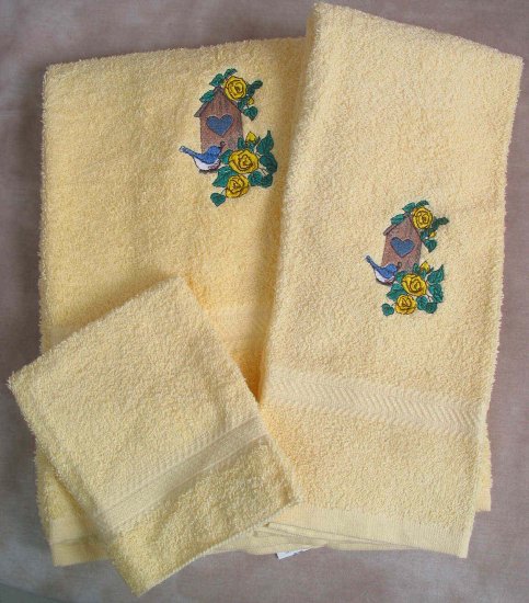 Embroidered Birdhouse with Blue Birds and Roses on Yellow Wash Hand Bath Towel Set