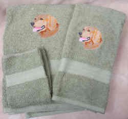 Embroidered Golden Retriever Dog Green Wash Hand Bath Towel Set