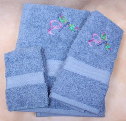 Embroidered Dragonfly Swirl on a Medium Blue Wash Hand Bath Towel Set