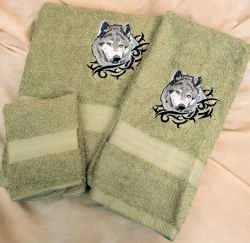 Embroidered Gray Wolf Green Wash Hand Bath Towels Set
