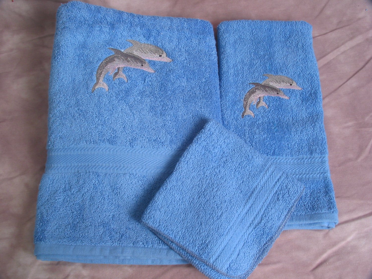 Embroidered Pair of Dolphins on Medium Blue Bath Towels Set