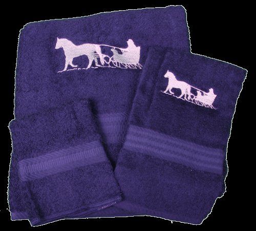 Horse and Sleigh on Navy Embroidered Bath Towels