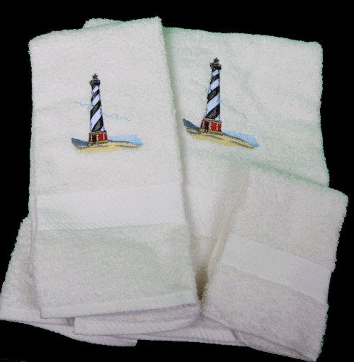 Embroidered Hatteras Lighthouse Cream Wash Hand Bath Towel Set